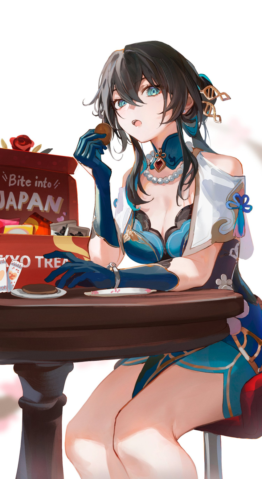 1girl absurdres bare_shoulders black_hair blue_dress blue_eyes blue_gloves blue_hair blue_ribbon box bracelet breasts chair chinese_clothes cookie crystal dress eyeshadow flower food gloves hair_between_eyes hair_ornament hair_stick hand_up highres holding holding_food honkai:_star_rail honkai_(series) jewelry large_breasts leaf long_hair looking_at_viewer makeup mandarin_collar multicolored_hair necklace off-shoulder_dress off_shoulder open_mouth package pearl_necklace plate ponytail red_eyeshadow red_flower red_rose ribbon rose ruan_mei_(honkai:_star_rail) short_sleeves sidelocks simple_background sitting solo srro_yo table tassel teeth tongue two-tone_hair white_background