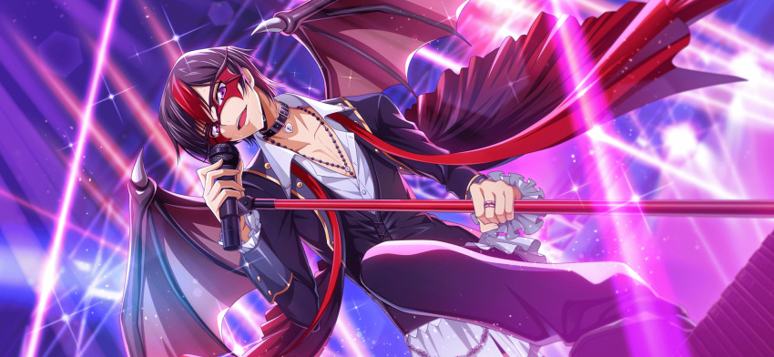 1boy artist_request black_coat black_hair black_jacket black_pants blurry blurry_background buttons coat code_geass code_geass:_lost_stories collar collarbone collared_shirt demon_boy demon_wings frilled_coat frilled_sleeves frills full_body game_cg hand_up happy head_tilt heart-shaped_lock highres holding holding_microphone holding_microphone_stand jacket jewelry leg_up lelouch_vi_britannia lens_flare light_particles light_rays long_sleeves looking_at_viewer male_focus mask masquerade_mask microphone microphone_stand multicolored_hair music necklace non-web_source official_art open_clothes open_mouth open_shirt pants red_wings redhead ring shirt short_hair sidelocks singing smile solo sparkle spiked_wings standing sweat teeth two-tone_hair violet_eyes white_shirt wings