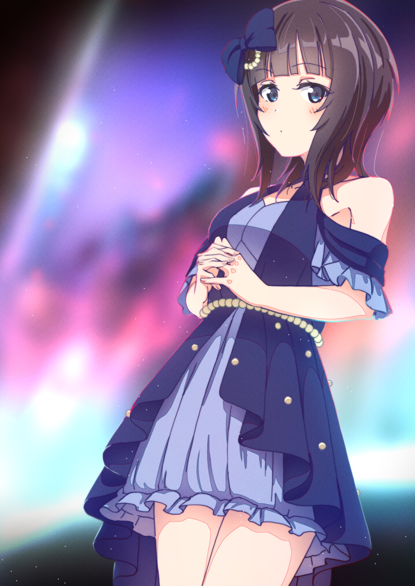 1girl ajapar asaka_karin black_hair blue_eyes blunt_bangs blurry blurry_background blush bow breasts collarbone commentary commentary_request dot_mouth dress frilled_dress frills hair_bow highres layered_dress looking_at_viewer love_live! love_live!_nijigasaki_high_school_idol_club medium_breasts medium_hair my_shadow_(love_live!) purple_bow purple_dress solo standing steepled_fingers upper_body