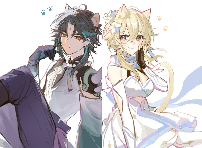 1boy 1girl ahoge animal_ear_fluff animal_ears bead_necklace beads black_gloves black_hair blonde_hair cat_ears cat_tail closed_mouth dangeroussbd detached_sleeves dress fingerless_gloves flower genshin_impact gloves green_eyes hair_flower hair_ornament hand_up highres jewelry long_sleeves looking_at_viewer lumine_(genshin_impact) multicolored_hair necklace pants parted_bangs paw_print purple_pants smile streaked_hair tail white_dress white_flower wide_sleeves xiao_(genshin_impact) yellow_eyes