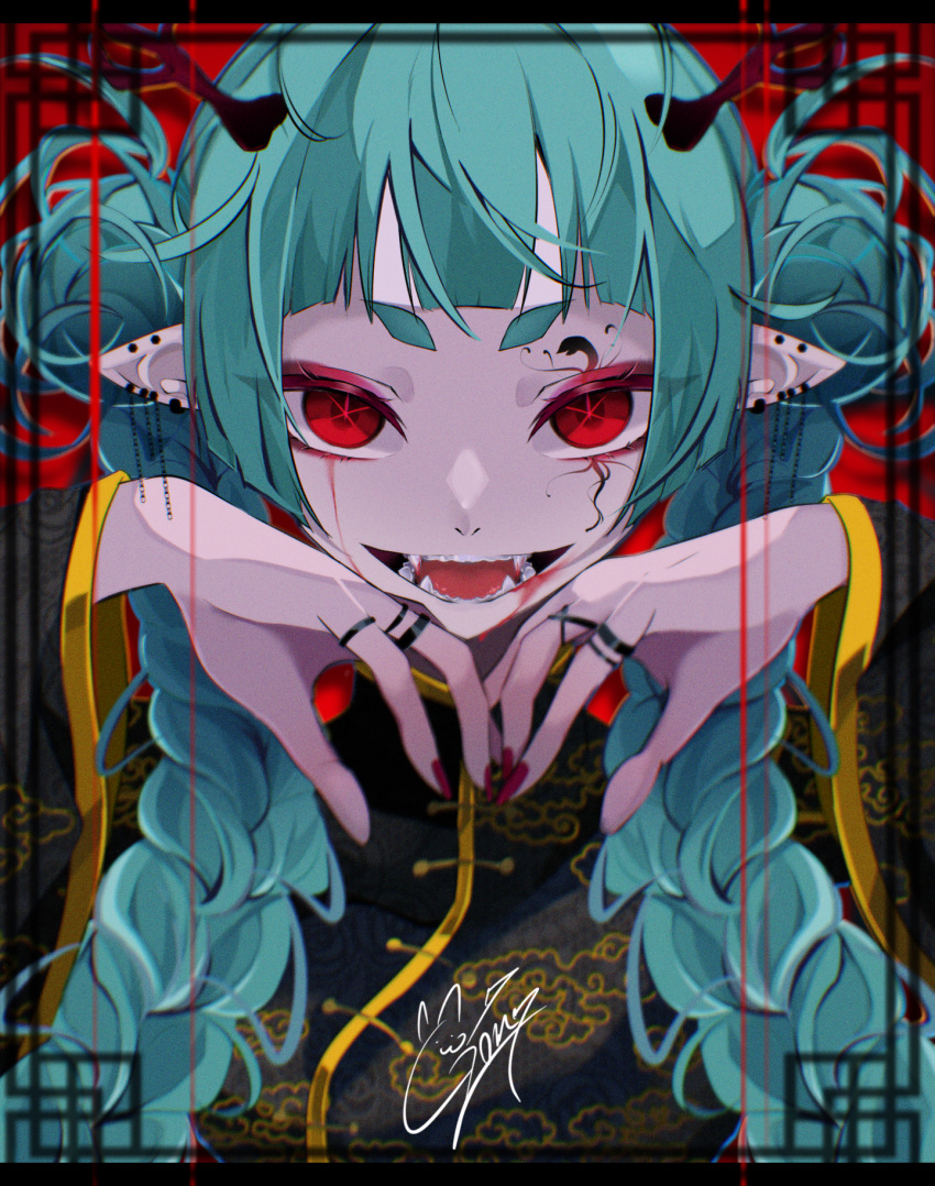 1girl aqua_hair artist_name blood blood_on_face braid china_dress chinese_clothes double_bun dress earrings fangs goma_irasuto hair_bun highres jewelry multicolored_hair nail_polish original pointy_ears red_nails ring single_braid single_earring solo streaked_hair tongue tongue_out