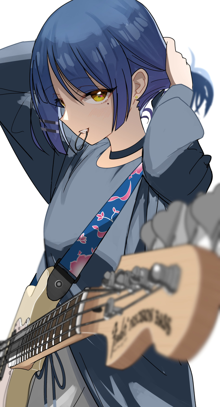 1girl absurdres adjusting_hair bass_guitar black_choker black_shirt blue_hair blurry bocchi_the_rock! breasts choker commentary_request depth_of_field groin happy_birthday highres holding holding_bass_guitar holding_instrument instant_(ioarthus) instrument long_sleeves mole mole_under_eye mouth_hold shirt short_hair simple_background sketch small_breasts solo underwear white_background yamada_ryo yellow_eyes