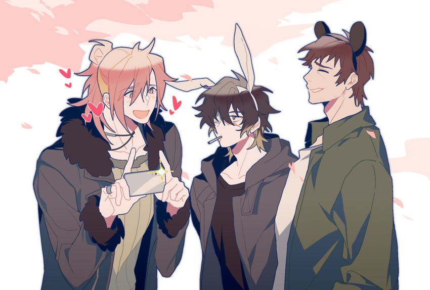 3boys animal_ears bear_ears black_jacket black_shirt cherry_blossoms coat facial_hair fake_animal_ears fur-trimmed_jacket fur_trim green_coat hair_over_one_eye highres izumi_rei_(slow_damage) jacket light_blush multicolored_hair multiple_boys murase_takuma nitro+_chiral pink_hair rabbit_ears scar scar_on_face shirt simple_background slow_damage smoking stubble taking_picture towa_(slow_damage) undercut white_shirt xia_nazz