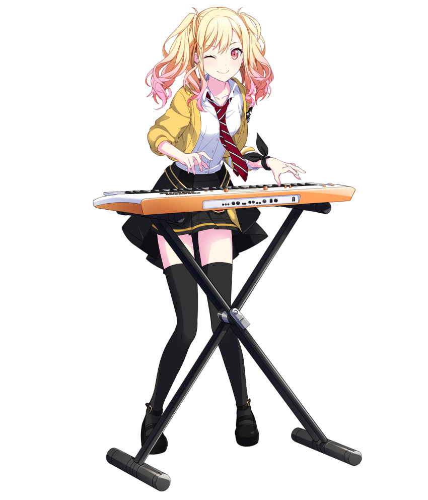 1girl black_skirt black_thighhighs blonde_hair full_body gradient_hair highres instrument jacket keyboard_(instrument) looking_at_viewer mary_janes multicolored_hair music necktie non-web_source official_art one_eye_closed pink_eyes pink_hair playing_instrument pleated_skirt project_sekai red_necktie shirt shoes skirt smile solo striped_necktie tachi-e tenma_saki thigh-highs transparent_background twintails white_shirt yellow_jacket