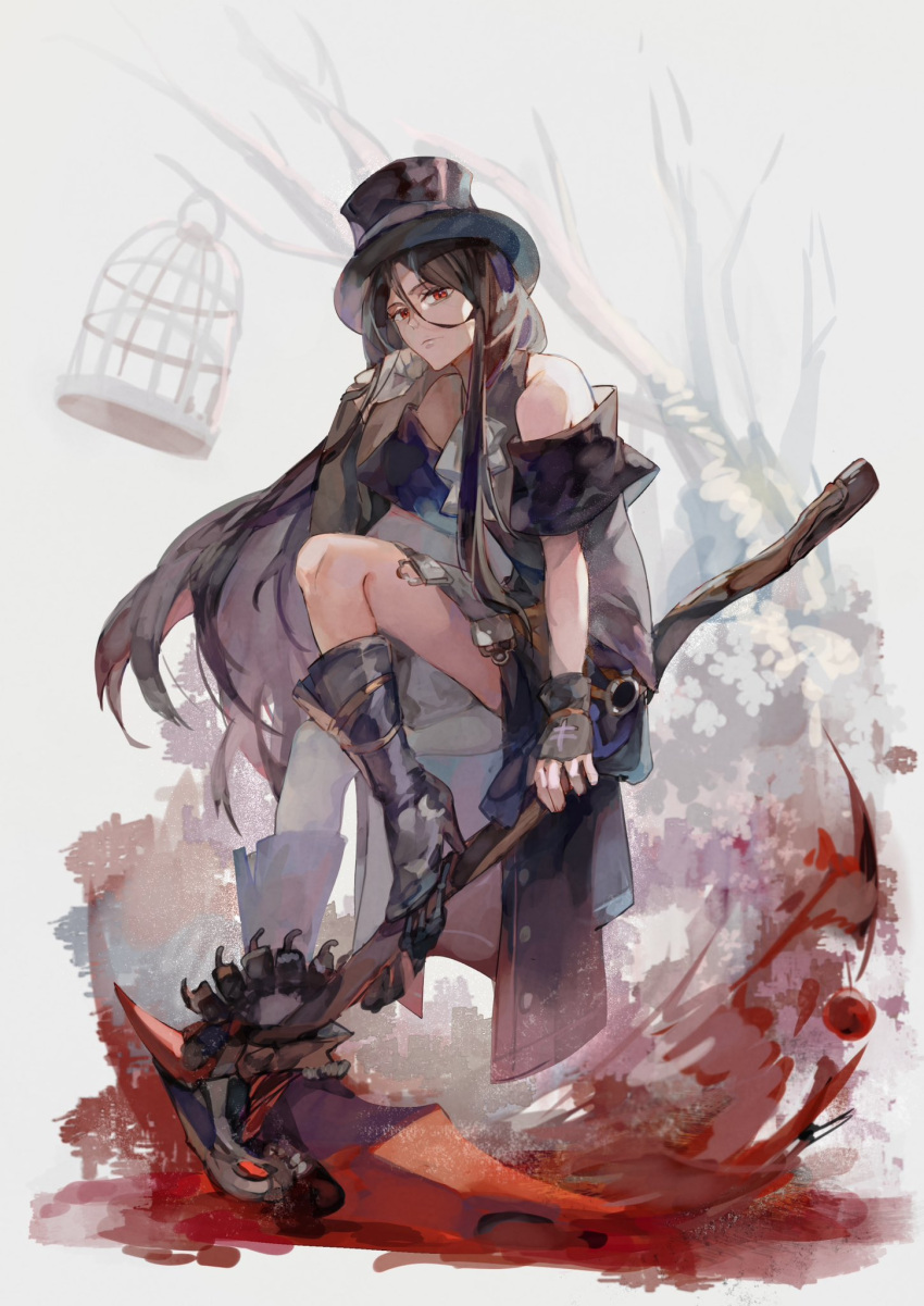 1other ascot asymmetrical_gloves asymmetrical_sleeves bare_shoulders birdcage black_hair boots cage fingerless_gloves gloves guilty_gear guilty_gear_strive hat highres holding holding_scythe kmkzkoyomi long_hair looking_at_viewer other_focus red_eyes scythe solo testament_(guilty_gear) top_hat tree white_ascot