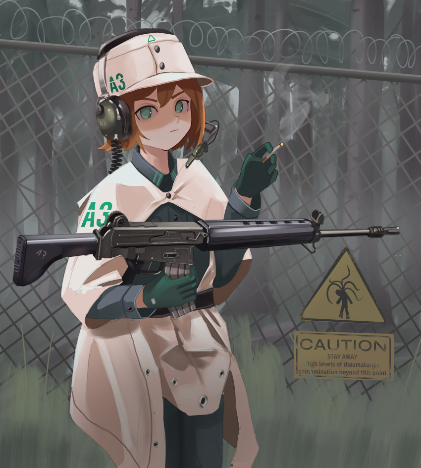 1girl absurdres ar-18 assault_rifle barbed_wire belt black_belt bob_cut breasts cape chain-link_fence cigarette clothes_writing commentary english_commentary english_text fence field_cap flipped_hair fog forest frown gloves grass green_eyes green_gloves green_jacket green_pants gun hair_between_eyes hand_up headphones headphones_over_headwear headset highres holding holding_cigarette holding_gun holding_weapon jacket klottinen light_frown looking_at_viewer microphone military_uniform nature original pants poncho redhead rifle shaded_face short_hair sign small_breasts smoke smoking solo tall_grass tree uniform warning_sign weapon white_cape