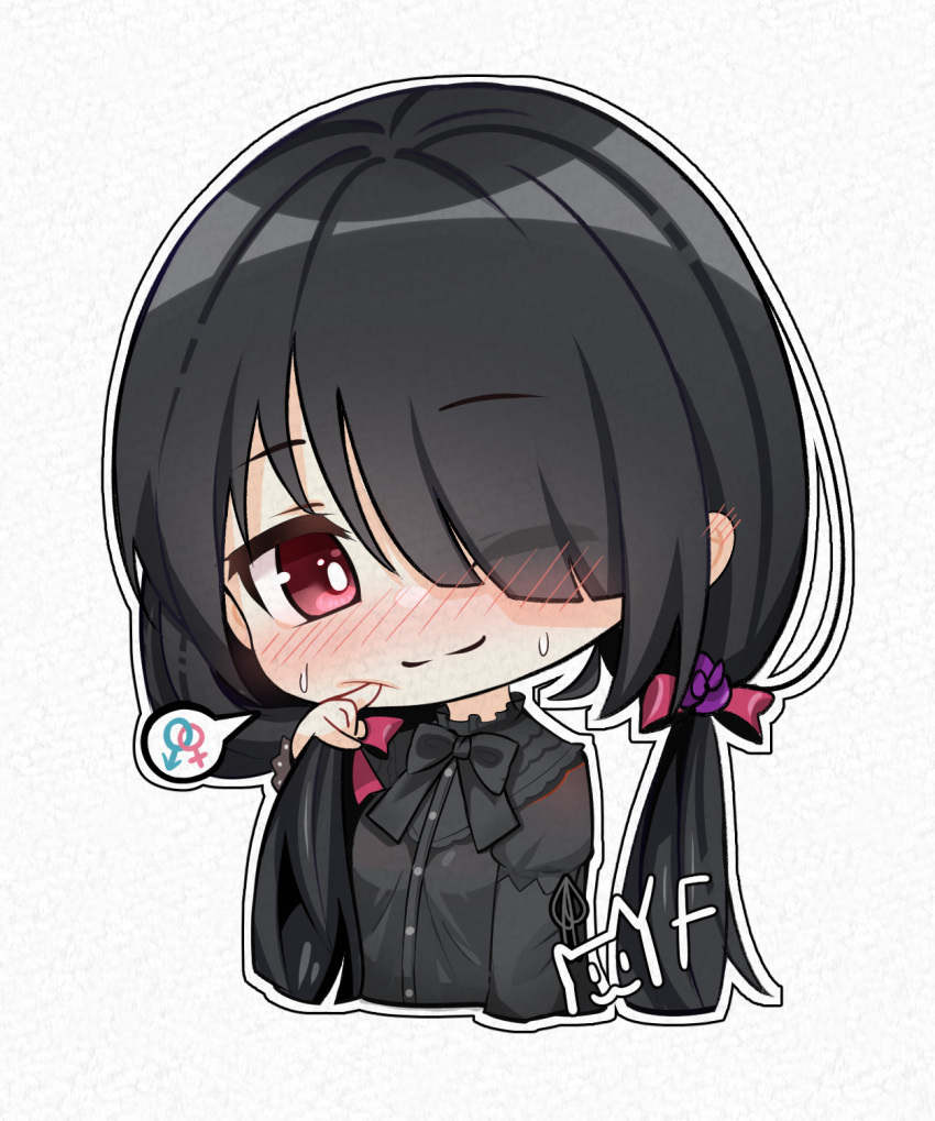 1girl black_hair black_ribbon blush chibi date_a_live goth_fashion hair_between_eyes hair_over_one_eye highres looking_at_viewer low_twintails one_eye_closed red_eyes ribbon solo speech_bubble sweat tokisaki_kurumi twintails yangfan