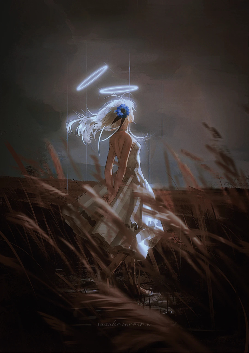 1girl arms_behind_back artist_name back backless_dress backless_outfit bare_shoulders barefoot blue_flower clouds cloudy_sky dark dress facing_ahead floating_hair flower from_side hair_flower hair_ornament halo highres horizon isekai_joucho kamitsubaki_studio long_dress long_hair multiple_halos night outdoors own_hands_together sidelocks sky solo strapless strapless_dress suzukasuraimu walking wheat_field white_dress white_hair