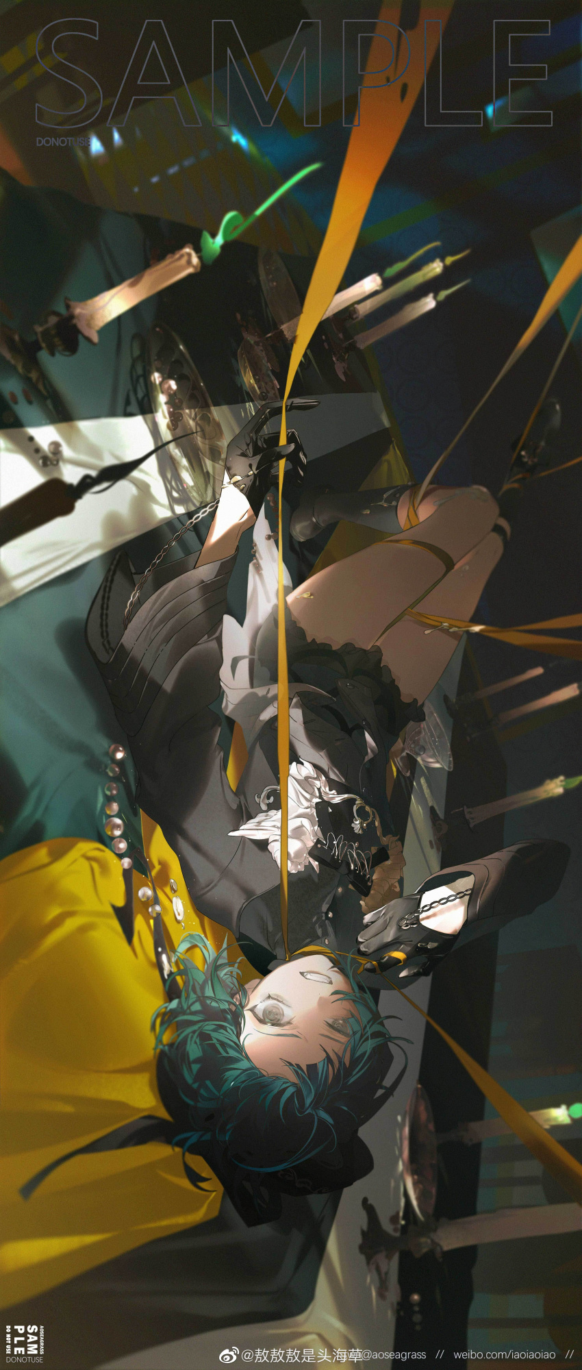 absurdres aoseagrass beads black_bow black_bowtie black_footwear black_gloves black_shirt black_shorts black_socks blurry bow bowtie candle candlestand chain day fang fire frills gloves green_fire green_hair grey_eyes grin highres holding holding_ribbon indoors kneehighs light long_sleeves looking_at_viewer lying medium_hair on_back on_table open_mouth original plate ribbon sample_watermark shirt shorts smile socks sunlight table tablecloth teeth watermark weibo_watermark yellow_ribbon