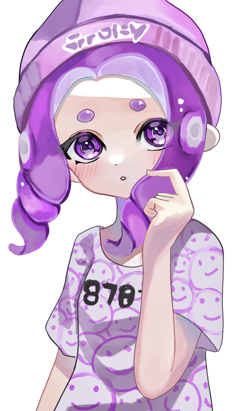 1girl absurdres beanie blush commentary drill_hair hat highres medium_hair negi_kobito octoling octoling_girl octoling_player_character open_mouth parted_lips print_headwear print_shirt purple_hair purple_headwear purple_shirt shirt simple_background solo splatoon_(series) splatoon_3 tentacle_hair thick_eyebrows twin_drills upper_body violet_eyes white_background