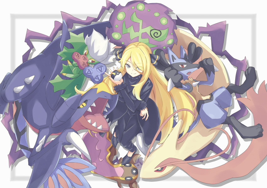 1girl absurdres blonde_hair closed_mouth coat commentary_request cynthia_(pokemon) fur-trimmed_coat fur_trim garchomp gastrodon grey_eyes hair_ornament hand_up highres holding holding_poke_ball llg.hakua long_hair long_sleeves lucario milotic pants poke_ball pokemon pokemon_(creature) pokemon_dppt roserade shoes smile spiritomb ultra_ball