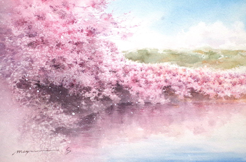blue_sky cherry_blossoms clouds cloudy_sky day highres no_humans original pond reflection reflective_water scenery shimizu_megumi_(m_acquerello) sky tree water