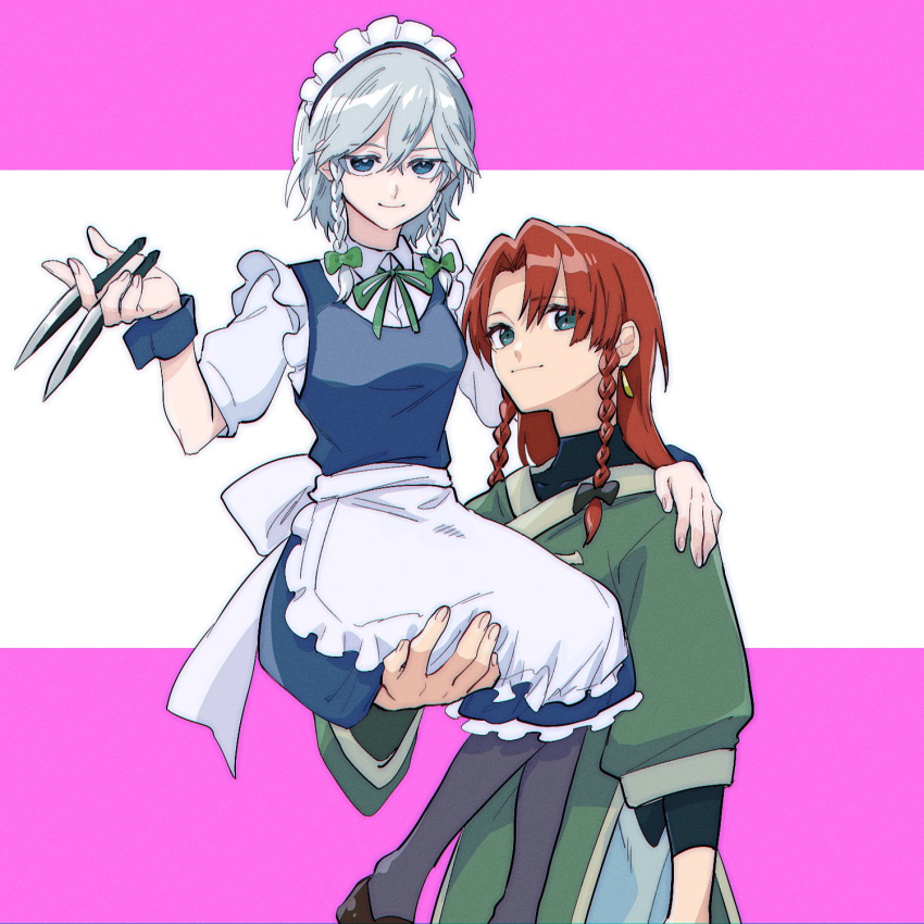 2girls alternate_costume apron back_bow between_fingers black_bow black_pantyhose blue_eyes bow braid closed_mouth clothing_request commentary green_bow green_eyes grey_hair hair_bow hand_on_another's_shoulder highres holding holding_knife hong_meiling izayoi_sakuya knife knives_between_fingers long_hair maid maid_apron maid_day maid_headdress multiple_girls no_headwear pantyhose redhead sitting_on_arm smile touhou twin_braids ukei624 waist_apron white_apron wrist_cuffs