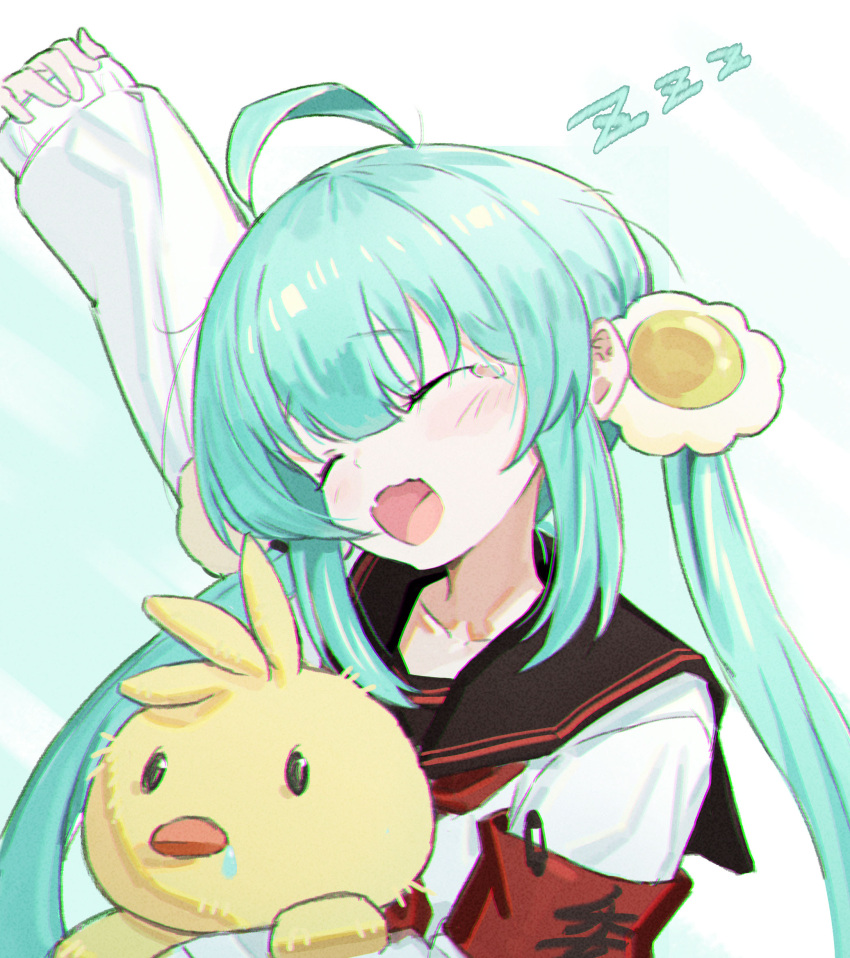1girl ahoge aqua_hair armband black_sailor_collar blunt_bangs boller_jiang chromatic_aberration closed_eyes collarbone dot_nose egg_hair_ornament food-themed_hair_ornament hair_ornament head_tilt highres holding holding_stuffed_toy light_blush long_hair neckerchief open_mouth original raised_eyebrows red_armband red_neckerchief sailor_collar school_uniform shadow sidelocks simple_background sleeves_past_wrists stretching stuffed_animal stuffed_duck stuffed_toy sweater tearing_up twintails upper_body white_background white_sweater yawning zzz