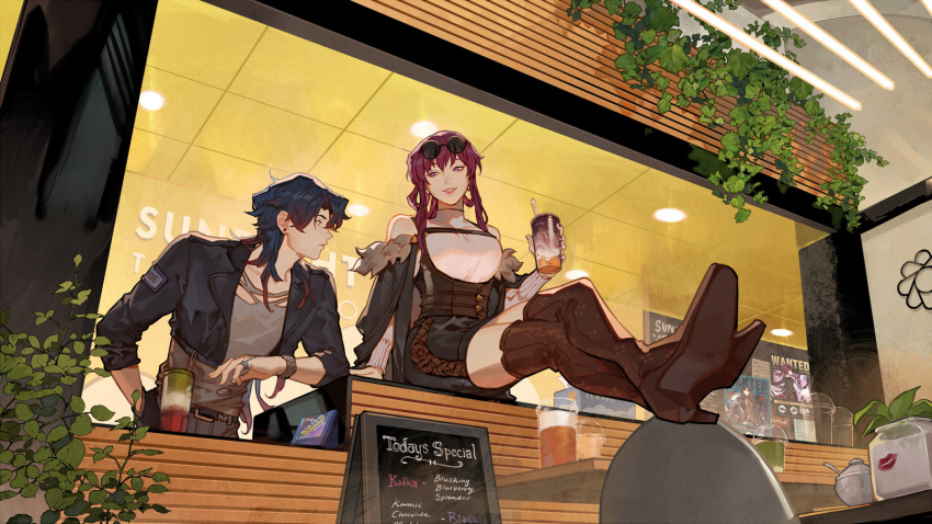 1boy 1girl alternate_costume blade_(honkai:_star_rail) blue_hair boots brown_footwear commentary crossed_legs cup drink drinking_straw english_commentary english_text eyewear_on_head fur_trim glass glasses grin guest_art high_heel_boots high_heels highres holding holding_cup holding_drink honkai:_star_rail honkai_(series) jewelry kafka_(honkai:_star_rail) lipstick_mark looking_at_another off_shoulder profile purple_hair ring round_eyewear sideways_glance smile sunglasses velinxi wanted watch watch