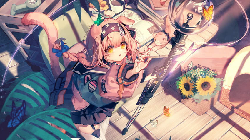 1girl absurdres animal_ears arknights arm_up bandaid bandaid_on_hand black_hairband black_skirt blue_bow book book_stack bow bug butterfly cat cat_ears cat_girl chair commentary cowboy_shot floppy_ears flower from_above garter_straps goldenglow_(arknights) hair_bow hairband highres iasimo indoors jacket lightning_bolt_print long_hair long_sleeves open_book open_mouth orange_eyes pink_hair pink_jacket print_hairband scottish_fold skirt solo sunflower table thigh-highs white_thighhighs wooden_floor yellow_butterfly yellow_flower