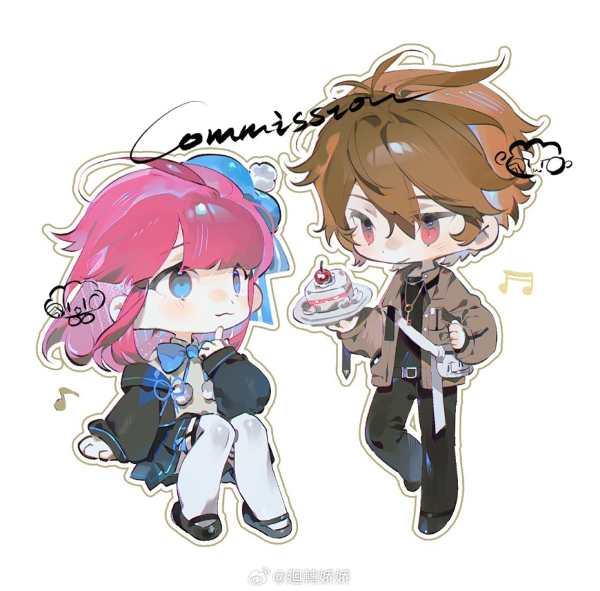 1boy 1girl artist_name baiwei_lai beamed_sixteenth_notes belt belt_buckle black_belt black_footwear black_jacket black_pants black_shirt black_skirt blue_bow blue_bowtie blue_eyes blue_hat blue_skirt blunt_bangs blush_stickers bow bowtie brown_hair brown_jacket buckle cake cake_slice cherry chibi closed_mouth collared_jacket collared_shirt commission eighth_note eyelashes food fruit full_body hair_bow hat holding holding_food holding_plate hood hood_down jacket jewelry light_blush long_hair long_sleeves looking_at_another mary_janes miniskirt musical_note necklace open_clothes open_jacket original outline pants pink_hair plate pleated_skirt pocket pom_pom_(clothes) puffy_long_sleeves puffy_sleeves red_eyes sample_watermark shirt shoes short_hair simple_background sitting skirt sleeves_past_wrists smile strawberry_shortcake thigh-highs watermark weibo_logo weibo_username white_background white_outline white_shirt white_thighhighs yellow_outline