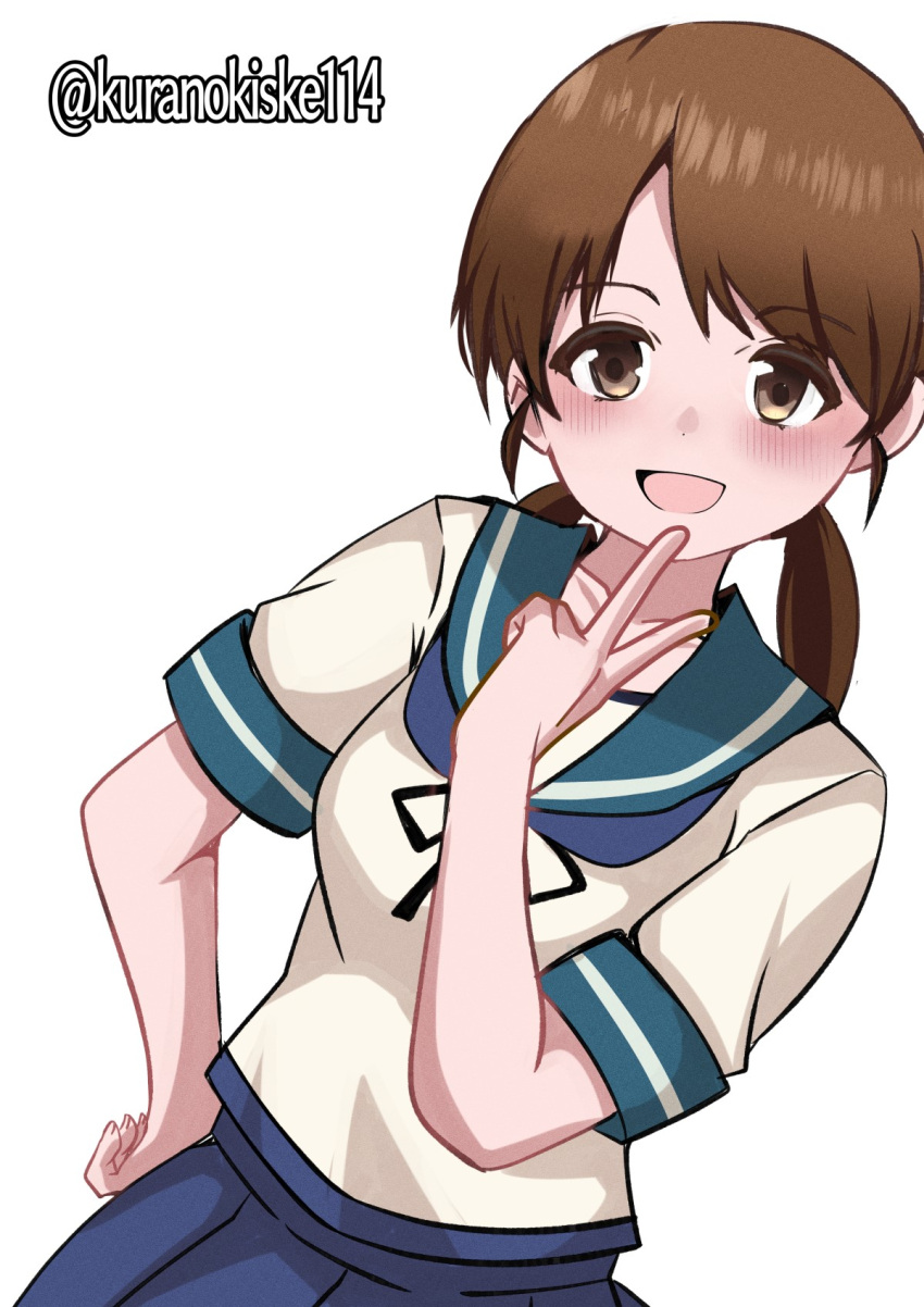 1girl blue_neckerchief blue_sailor_collar blue_skirt brown_eyes brown_hair highres kantai_collection kurano_kisuke low_twintails medium_hair neckerchief one-hour_drawing_challenge pleated_skirt sailor_collar sailor_shirt school_uniform serafuku shirayuki_(kancolle) shirt simple_background skirt smile solo twintails twitter_username v white_background white_shirt