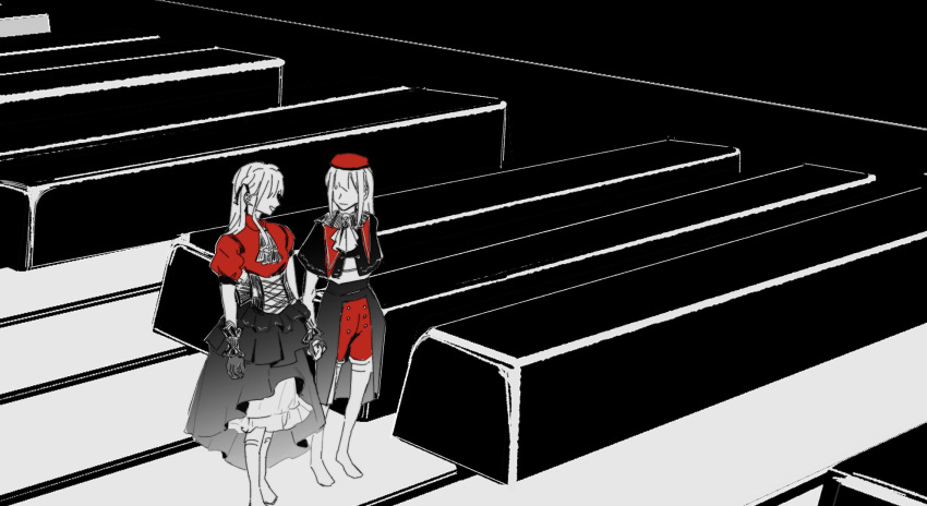 2girls ascot bang_dream! bang_dream!_it's_mygo!!!!! capelet closed_mouth collared_shirt commentary corset gloves greyscale hashtag-only_commentary hat highres holding_hands long_hair looking_at_another mini_person minigirl monochrome multiple_girls open_mouth red_hat red_shirt red_shorts shirt short_sleeves shorts sigangsan skirt smile spot_color standing thigh-highs togawa_sakiko wakaba_mutsumi