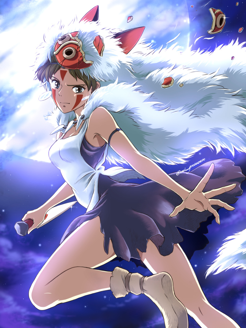 1girl apron black_dress brown_hair cape clouds cloudy_sky dagger dress earrings emi_(green_wave) facial_mark fur_cape highres holding holding_knife huge_moon jewelry knife looking_at_viewer mask mononoke_hime moon necklace night night_sky san_(mononoke_hime) shattered short_hair sky solo weapon white_apron white_cape