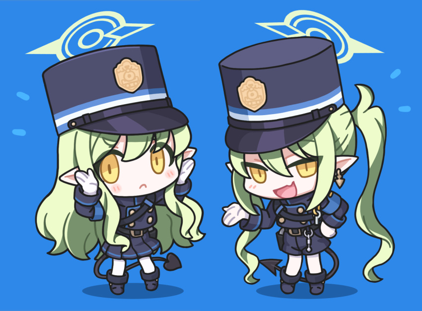 2girls :d armband arms_up black_footwear black_tail blue_archive blue_armband blue_background blue_hat blue_shirt blue_shorts blue_skirt blush buttons chibi commentary_request demon_tail double-breasted earrings emblem fang frown full_body gloves green_hair hair_between_eyes halo hat highres hikari_(blue_archive) jewelry long_hair multiple_girls no_nose nozomi_(blue_archive) pantyhose peaked_cap pointy_ears ran_system shirt shoes shorts sidelocks simple_background skin_fang skirt slit_pupils smile tail train_conductor twintails white_gloves white_pantyhose yellow_eyes