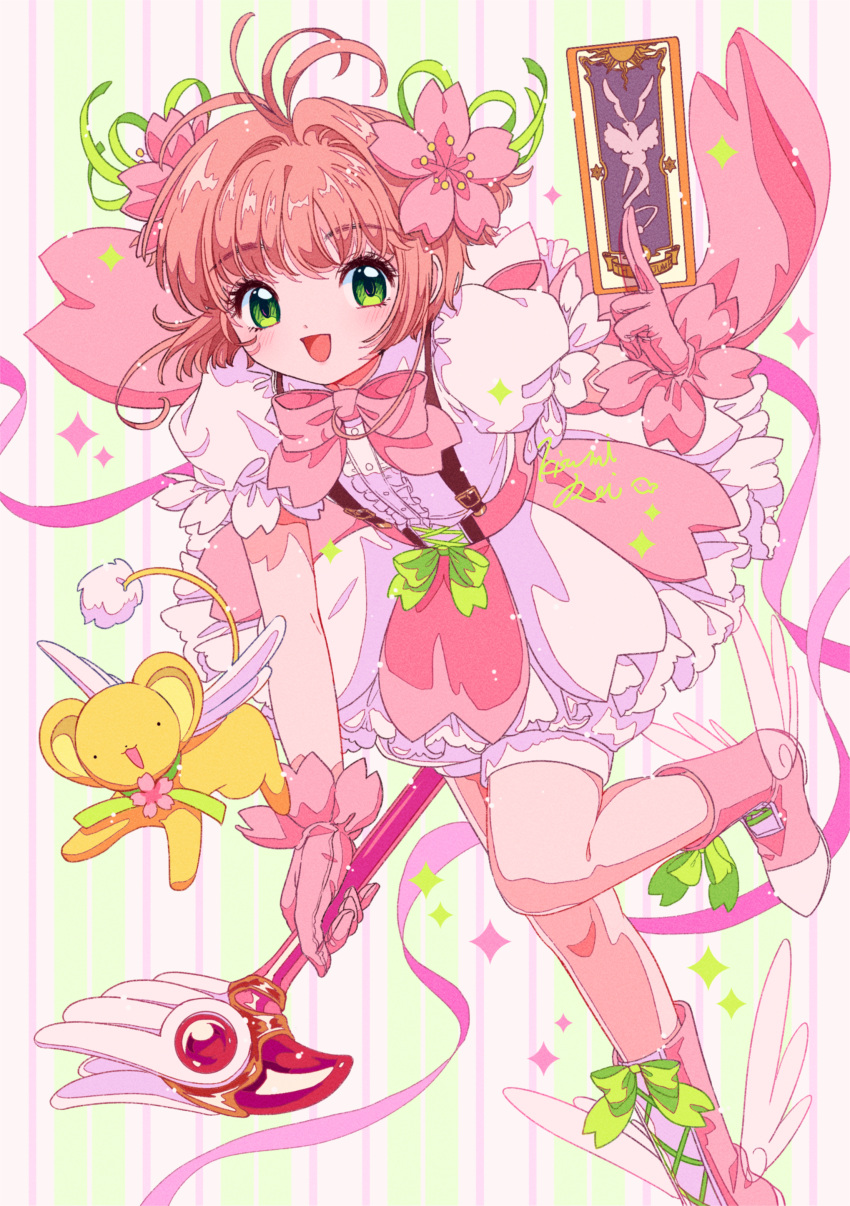 1girl absurdres bloomers boots bow brown_hair cardcaptor_sakura cherry_blossoms clow_card flower flower_skirt fuuin_no_tsue gloves green_eyes hair_flower hair_ornament highres kinomoto_sakura kisumi_rei looking_at_viewer multicolored_clothes open_mouth pink_fox_(sasaame) pink_gloves puffy_short_sleeves puffy_sleeves short_hair short_sleeves striped_background suspenders white_bloomers winged_footwear