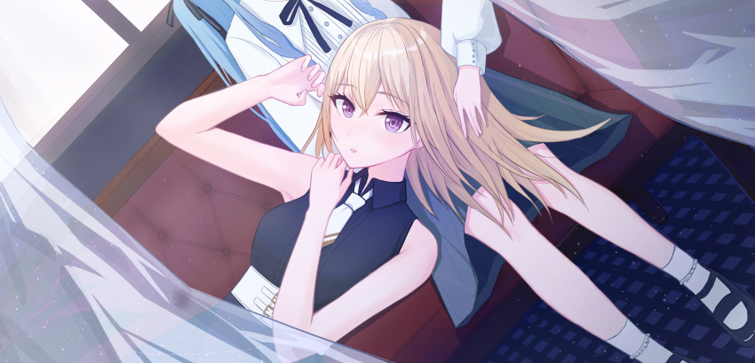 2girls absurdres bang_dream! bang_dream!_it's_mygo!!!!! bare_arms black_dress black_footwear black_skirt blonde_hair blue_hair butaikun commentary couch curtains day dress dutch_angle hashtag-only_commentary highres lap_pillow light_particles long_hair long_sleeves lying mary_janes misumi_uika multiple_girls necktie on_back on_couch parted_lips shirt shoes sitting skirt sleeveless sleeveless_dress socks togawa_sakiko violet_eyes white_necktie white_shirt white_socks window yuri