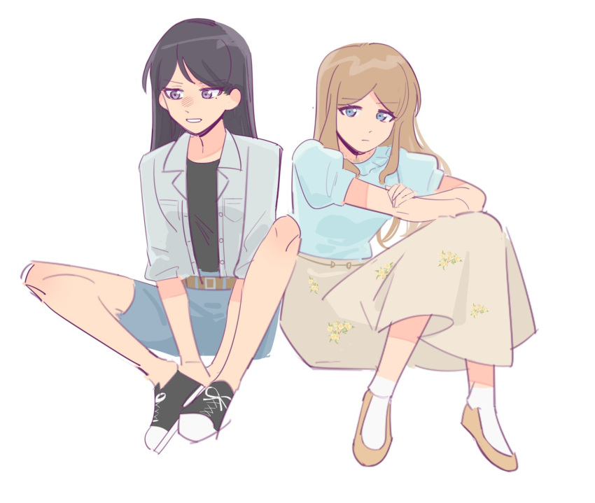 2girls bang_dream! bang_dream!_it's_mygo!!!!! black_footwear black_hair black_shirt blue_eyes blue_shirt blue_shorts blush brown_footwear brown_hair brown_skirt closed_mouth collared_shirt commentary_request crossed_arms frown full_body highres long_hair mole mole_under_eye multiple_girls nagasaki_soyo open_clothes open_shirt parted_lips shiina_taki shirt shoes short_sleeves shorts simple_background sitting skirt sleeves_rolled_up smile sneakers socks takechi63 violet_eyes white_background white_shirt white_socks