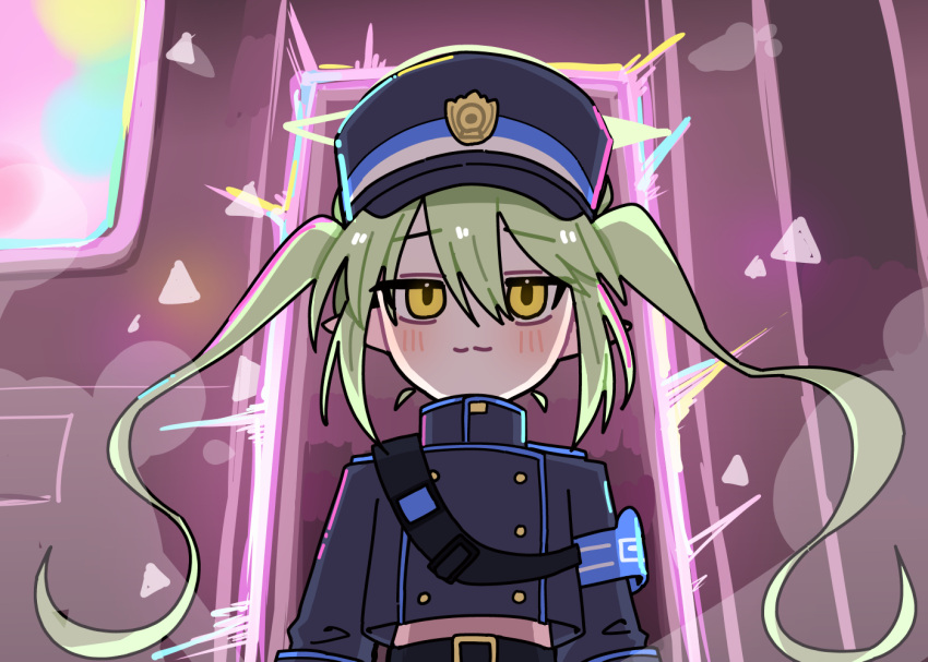 1girl armband black_hat black_jacket blue_archive blue_armband blush buttons closed_mouth double-breasted green_hair hair_between_eyes hat highlander_twintails_conductor_(blue_archive) honkai:_star_rail honkai_(series) jacket jamongssui long_hair peaked_cap pointy_ears smile solo twintails upper_body yellow_eyes