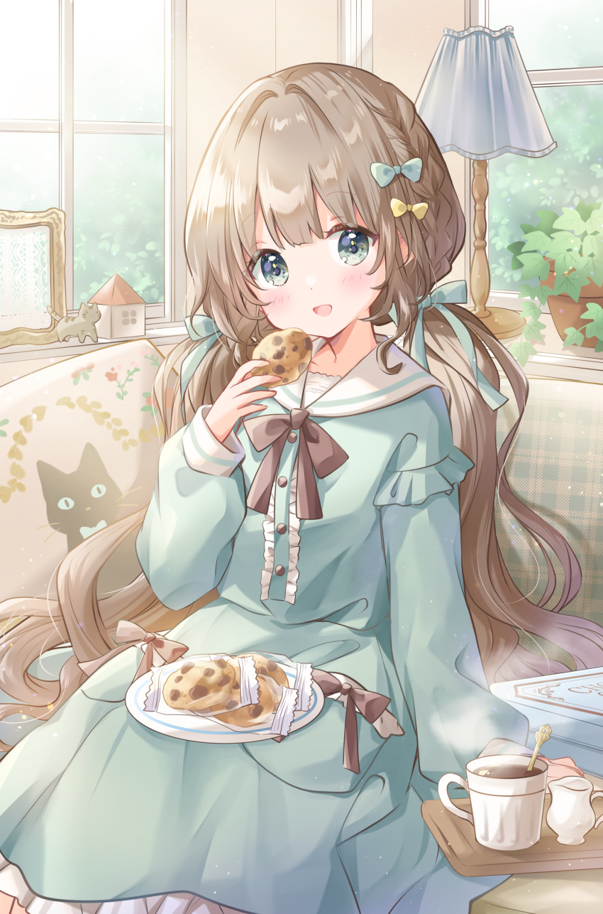 1girl :d absurdres aqua_dress blush bow bowtie braid brown_bow brown_bowtie brown_hair cat center_frills chocolate_chip_cookie coffee coffee_cup cookie couch cup disposable_cup dress food frilled_dress frills green_dress green_eyes hair_bow hand_up highres holding holding_food hoshiibara_mato indoors lamp light_particles long_hair long_sleeves looking_at_viewer low_twintails mug on_couch open_mouth original plant plate potted_plant puffy_sleeves sailor_collar sailor_dress sitting smile solo steam teacup tray twintails very_long_hair white_sailor_collar window wrapper