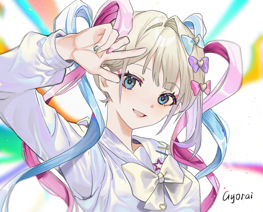 1girl :d absurdres artist_name blonde_hair blue_bow blue_eyes blue_hair blue_nails blue_shirt bow chinese_commentary chouzetsusaikawa_tenshi-chan commentary_request hair_bow hand_up heart highres index_finger_raised long_hair long_sleeves looking_at_viewer multicolored_hair multicolored_nails multiple_hair_bows nail_polish needy_girl_overdose open_mouth pink_bow pink_hair pink_nails purple_bow quad_tails sailor_collar shirt smile solo upper_body yellow_bow yellow_nails yulei_gyorai