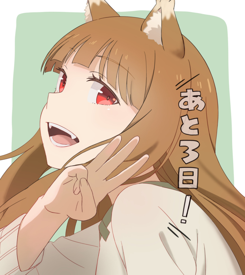 1girl absurdres animal_ears artist_request blunt_bangs brown_hair commentary_request countdown highres holo long_hair looking_at_viewer looking_to_the_side official_art red_eyes solo spice_and_wolf wolf_ears wolf_girl