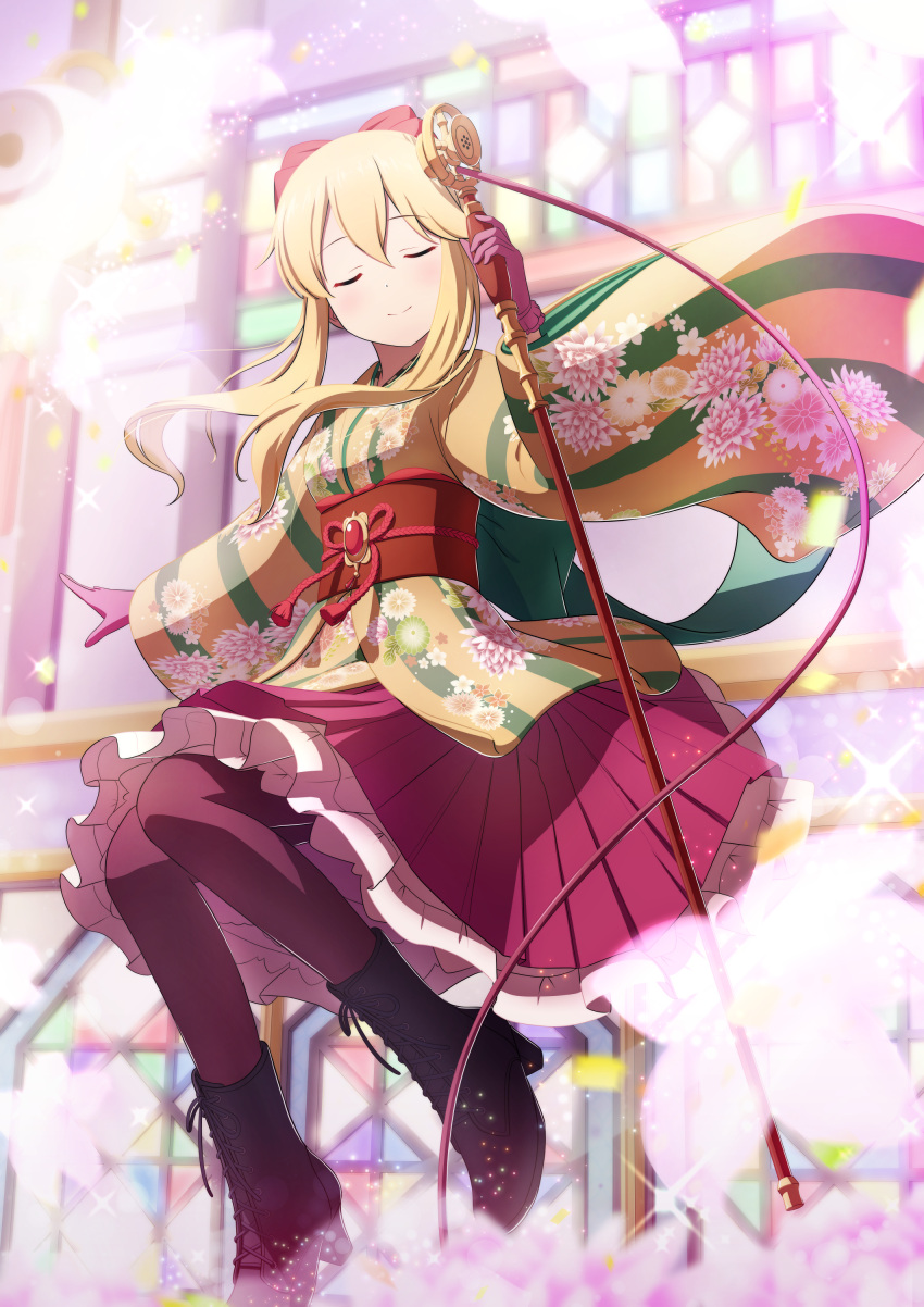 1girl absurdres ankle_boots aropotto black_footwear blonde_hair blurry blurry_background blurry_foreground blush boots bow breasts clarice_(idolmaster) closed_eyes closed_mouth confetti dot_nose floral_print_kimono full_body gloves hair_bow hair_ribbon highres holding holding_microphone idolmaster idolmaster_cinderella_girls idolmaster_cinderella_girls_starlight_stage japanese_clothes kimono kimono_skirt knees_up light_particles long_hair long_sleeves medium_breasts microphone obi obiage obijime pantyhose pink_gloves pleated_skirt purple_pantyhose purple_skirt red_ribbon ribbon sash sidelocks skirt smile solo sparkle stage wide_sleeves yellow_kimono