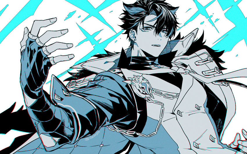 1boy bandaged_arm bandaged_neck bandages black_hair blue_eyes chain coat ear_piercing fur-trimmed_coat fur_trim genshin_impact hand_up jacket looking_at_viewer male_focus parted_lips piercing scar solo spot_color teeth toriyoshi upper_teeth_only vest wriothesley_(genshin_impact)