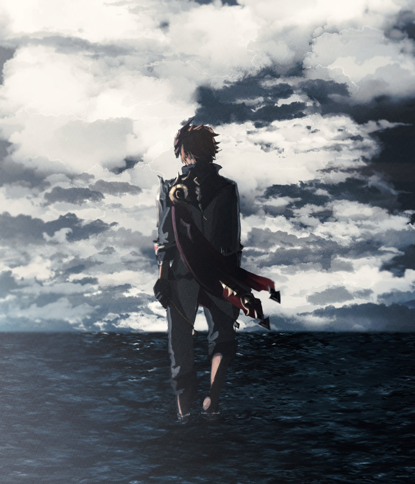 1boy black_gloves cape clouds cloudy_sky floating_clothes from_behind genshin_impact gloves highres male_focus mask mask_on_head ocean pants pants_rolled_up short_hair sky solo tartaglia_(genshin_impact) tayuta_(tayuta_fa) wading water