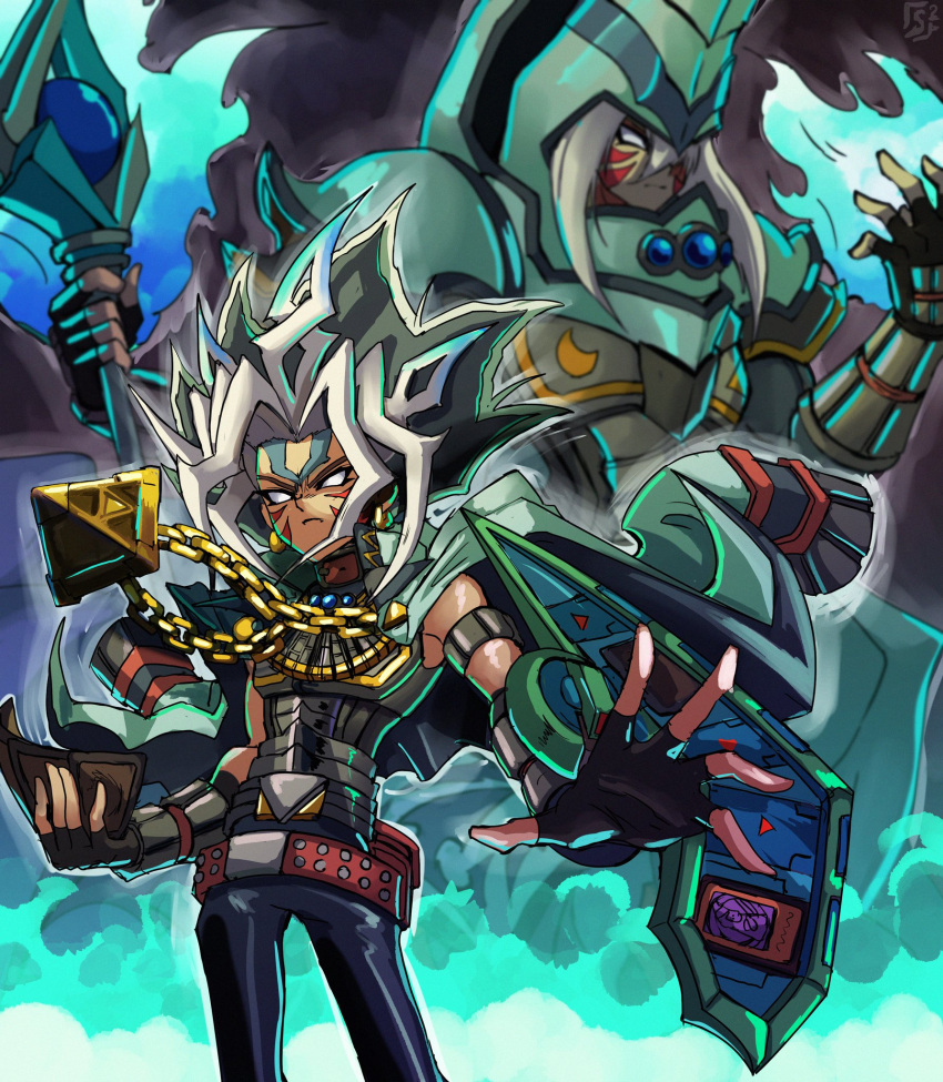2boys alternate_color alternate_eye_color alternate_form alternate_hair_color alternate_hairstyle alternate_headwear alternate_skin_color alternate_weapon armor aura bare_shoulders belt black_hair blue_gemstone card chest_jewel coat coat_on_shoulders commentary corruption crescent crescent_earrings crescent_print crossover dark_magician dark_persona double_helix dual_persona duel_disk duel_monster earrings english_commentary facial_mark facial_tattoo fierce_deity fingerless_gloves fire frown gem gloves glowing helmet highres holding holding_card holding_staff jewelry konami long_sleeves looking_at_hand looking_at_viewer looking_to_the_side magic medium_hair millennium_puzzle monster monster_boy multicolored_hair multiple_boys muto_yugi necklace nintendo no_pupils pants pauldrons possessed reaching reaching_towards_viewer serious shoulder_armor sleeveless staff stoic_seraphim tattoo the_legend_of_zelda the_legend_of_zelda:_majora's_mask triangle triangle_earrings triangle_print wand weapon white_eyes white_hair wrist_guards yu-gi-oh! yu-gi-oh!_duel_monsters