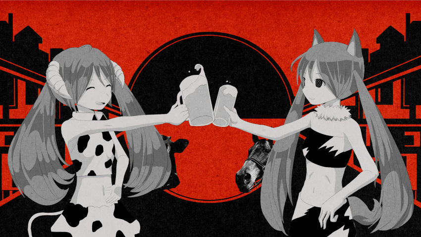 2girls animal_ears animal_print asymmetry bare_arms closed_eyes cow cow_print cowlick crop_top dot_nose fur_collar glass hair_between_eyes hatsune_miku highres horns horse limited_palette long_hair midriff multiple_girls navel own_hands_together pinocchio-p red_background red_theme single_animal_ear single_horn solo strapless tonchinkan_no_en_(vocaloid) tube_top twintails upper_body very_long_hair