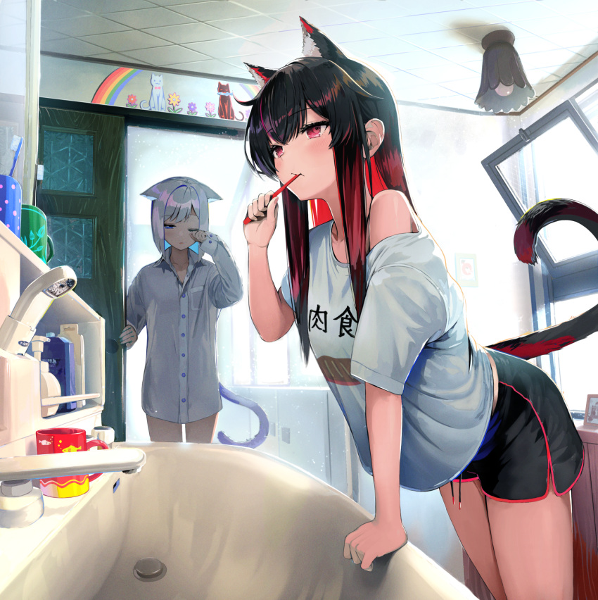 2girls animal_ear_fluff animal_ears bathroom black_hair black_shorts blue_eyes brushing_teeth cat_ears cat_girl cat_tail closed_mouth clothes_writing collarbone collared_shirt commentary_request cup day dolphin_shorts drawstring dress_shirt extra_ears faucet grey_hair hair_between_eyes half-closed_eye hand_up highres indoors leaning_forward long_hair mug multicolored_hair multiple_girls off_shoulder one_eye_closed open_window original pi_(p77777778) rainbow redhead rubbing_eyes shirt short_sleeves shorts sink sunlight tail two-tone_hair very_long_hair white_shirt window