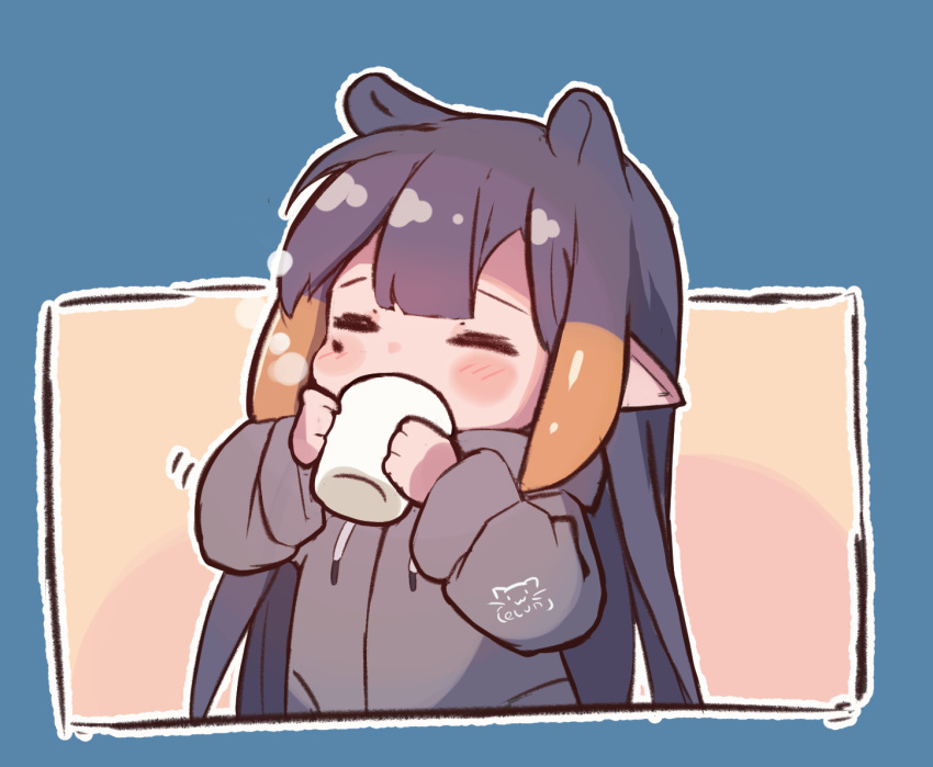 1girl =_= animal_ears blunt_bangs blush_stickers center-flap_bangs chibi chibi_only closed_eyes commentary cup drinking elun_(elun_00) english_commentary grey_jacket holding holding_cup hololive hololive_english hood hooded_jacket jacket long_hair long_sleeves mole mole_under_eye mug ninomae_ina'nis ninomae_ina'nis_(loungewear) official_alternate_costume orange_hair pointy_ears sidelocks solo steam straight_hair tentacle_hair upper_body virtual_youtuber