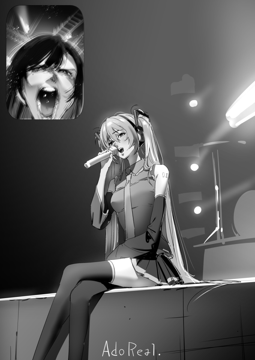 ado_(utaite) adochansukisuki breasts chando_(ado) cloud_nine_inc commentary crossed_legs detached_sleeves fan_screaming_at_madison_beer_(meme) greyscale hashtag-only_commentary hatsune_miku highres holding holding_microphone long_hair long_sleeves medium_breasts meme microphone mole mole_under_eye monochrome open_mouth pleated_skirt screaming shirt sitting skirt sleeveless sleeveless_shirt stage teeth thigh-highs twintails upper_teeth_only utaite very_long_hair vocaloid