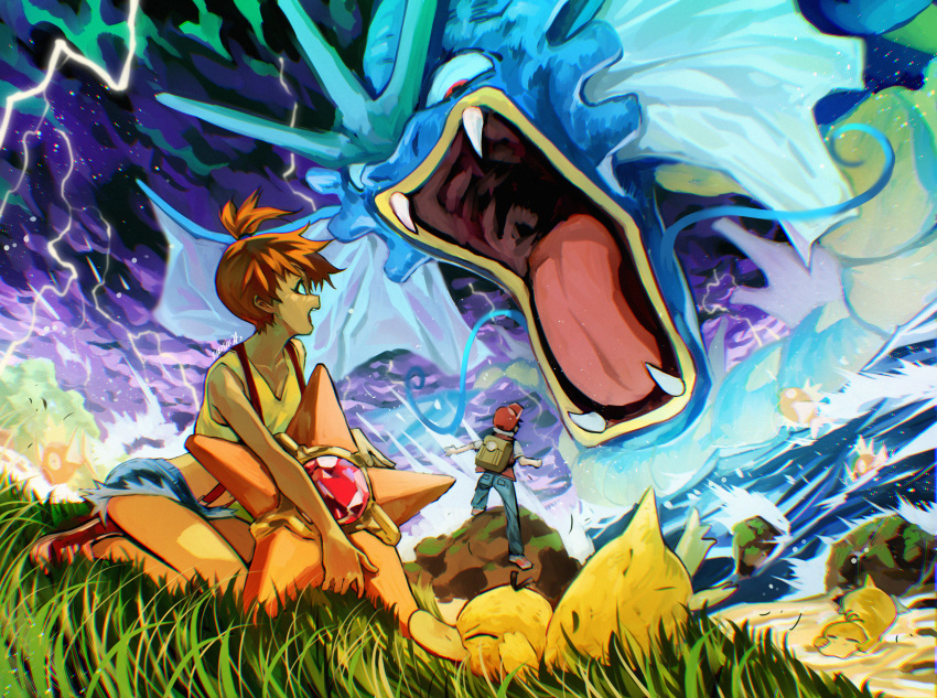 1boy 1girl ash_ketchum blue_shorts clip_studio_paint_(medium) clouds cloudy_sky commentary eudetenis faceoff fangs full_body golduck gyarados highres lightning magikarp misty_(pokemon) multiple_others open_mouth pokemon pokemon_(anime) pokemon_(classic_anime) pokemon_(creature) redrawn shorts size_difference sky starmie storm suspender_shorts suspenders tank_top water yellow_tank_top