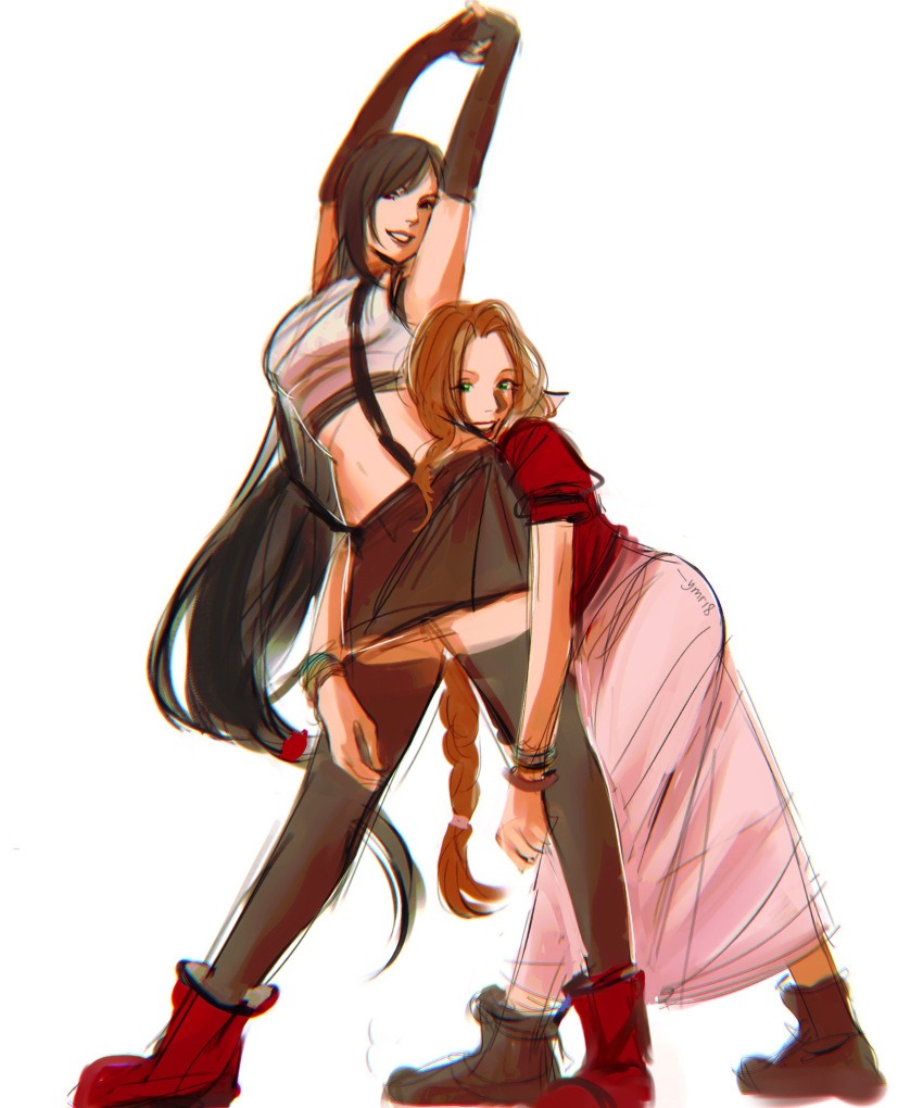 2girls aerith_gainsborough arms_around_waist arms_up black_hair black_skirt black_sports_bra black_thighhighs boots braid braided_ponytail brown_footwear brown_hair couple dress final_fantasy final_fantasy_vii final_fantasy_vii_remake full_body green_eyes head_on_another's_back highres jacket leaning_forward long_hair looking_at_viewer low-tied_long_hair midriff multiple_bracelets multiple_girls open_mouth own_hands_together pink_dress red_eyes red_footwear red_jacket simple_background skirt smile sports_bra standing stretching suspenders tank_top teeth thigh-highs tifa_lockhart white_background white_tank_top ymr18 yuri