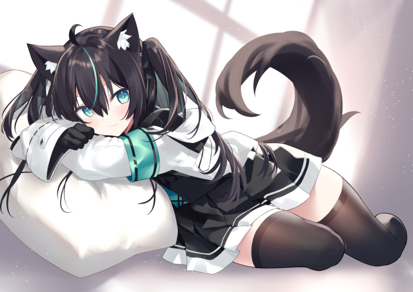 1girl absurdres animal_ear_fluff animal_ears aqua_eyes aqua_hair black_hair black_shirt black_skirt black_thighhighs commission dog_ears dog_girl dog_tail full_body head_rest highres hiraga_matsuri jacket long_hair long_sleeves looking_at_viewer miniskirt multicolored_hair non-web_source open_clothes open_jacket original pleated_skirt shirt skeb_commission skirt smile streaked_hair tail thigh-highs two-tone_hair two_side_up white_jacket