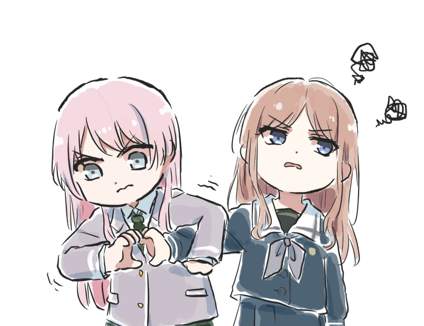 2girls annoyed bang_dream! bang_dream!_it's_mygo!!!!! blue_eyes brown_hair chihaya_anon grabbing_another's_arm grey_eyes heart_hands_failure highres long_hair lyy multiple_girls mygo!!!!!_(bang_dream!) pink_hair school_uniform simple_background white_background
