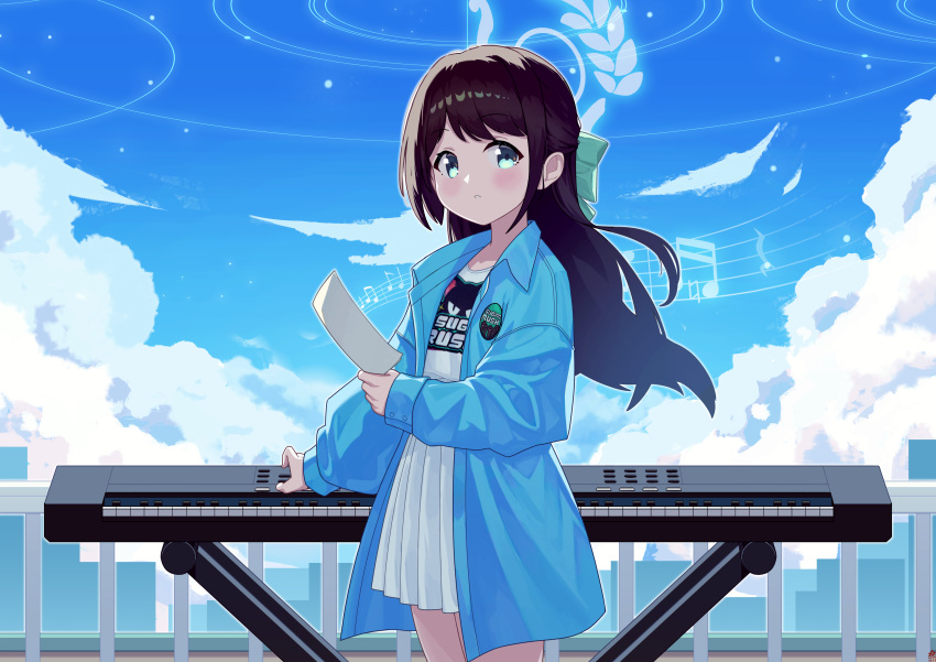 1girl absurdres airi_(band)_(blue_archive) airi_(blue_archive) beamed_eighth_notes beamed_sixteenth_notes black_hair blue_archive blue_jacket blush commentary cowboy_shot day eighth_note english_commentary green_eyes green_halo halo highres holding holding_paper instrument jacket keyboard_(instrument) long_hair long_sleeves looking_at_viewer musical_note natural_sign open_clothes open_jacket outdoors paper parted_lips pleated_skirt quarter_note quarter_rest skirt solo soulcore1999 white_skirt