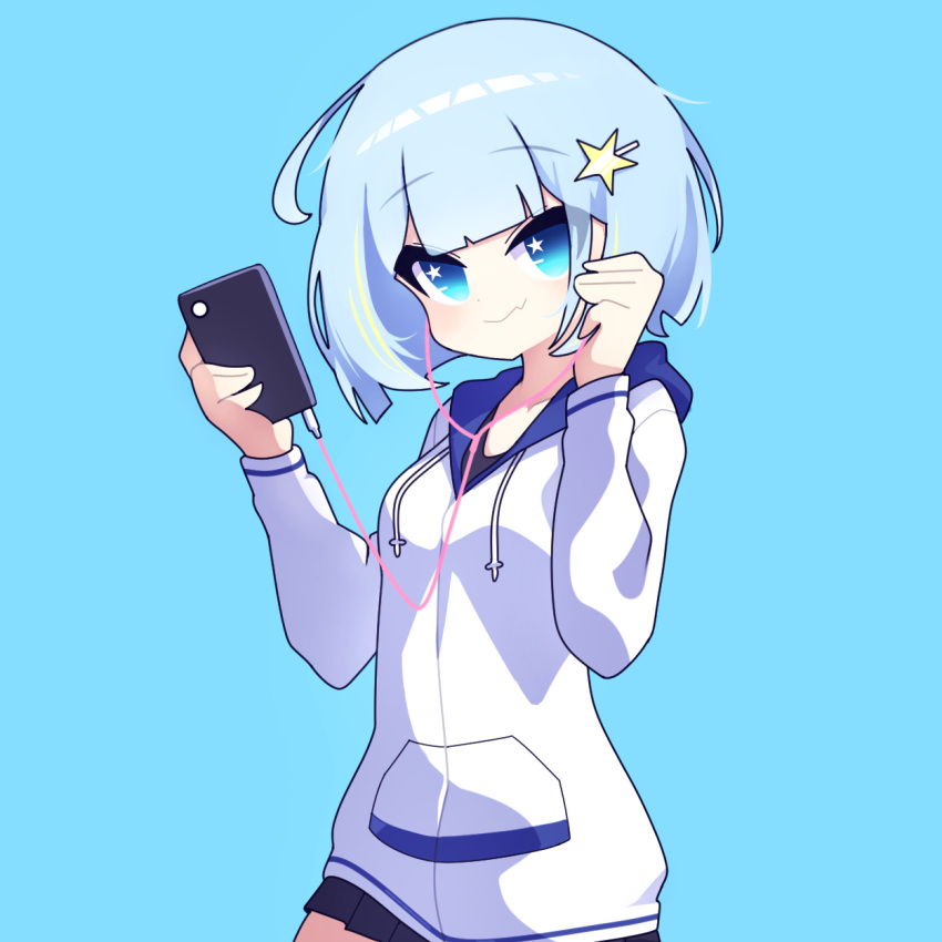 1girl blue_background blue_eyes blue_hair cellphone cross_(vgne4542) earphones highres jelly_hoshiumi phase_connect phone short_hair simple_background solo