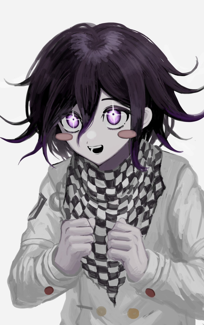 +_+ 1boy arm_belt bad_id bad_twitter_id belt black_scarf blush_stickers buttons checkered_clothes checkered_scarf clenched_hands crest danganronpa_(series) danganronpa_v3:_killing_harmony double-breasted excited highres ie_(kshgnhg) jacket layered_sleeves long_sleeves looking_at_viewer male_focus multicolored_buttons oma_kokichi open_mouth pale_skin purple_hair scarf simple_background smile solo sparkling_eyes teeth two-tone_scarf upper_body violet_eyes white_background white_belt white_jacket white_scarf white_sleeves