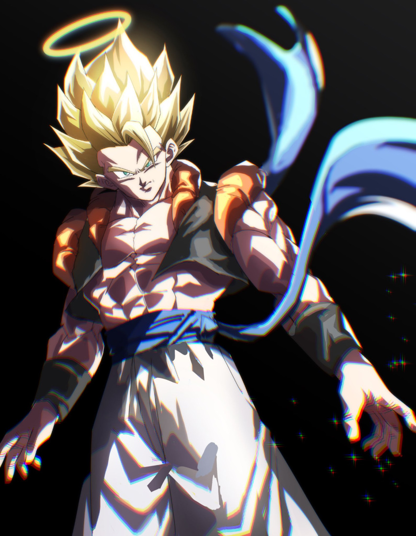 1boy alternate_form alternate_universe black_background black_vest black_wristband blonde_hair blue_sash blurry blurry_background blurry_foreground closed_mouth cowboy_shot cropped_vest dragon_ball dragon_ball_z earrings gogeta grey_eyes halo highres jewelry looking_at_viewer male_focus metamoran_vest muscular muscular_male pants sash serious single_earring solo spiky_hair super_saiyan tkht_9315 vest white_pants yellow_halo