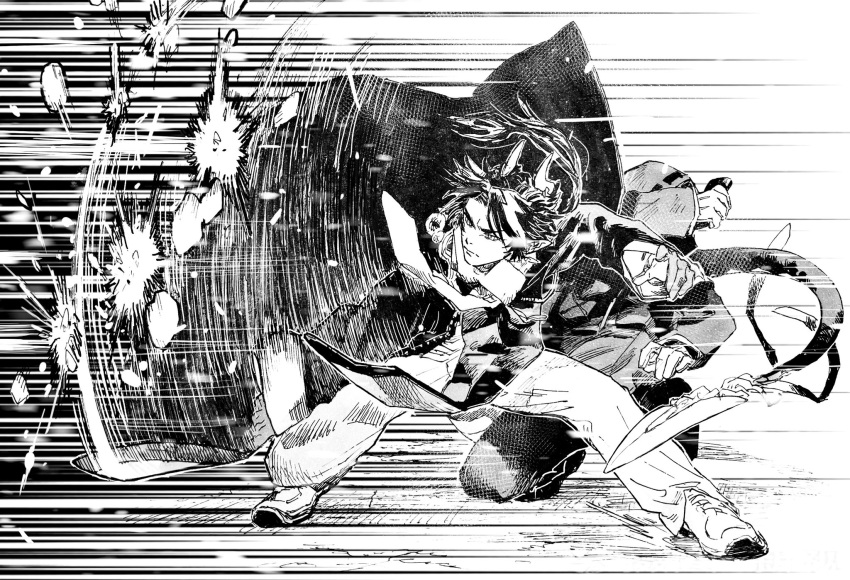 1boy 1other ambiguous_gender arknights arm_up chinese_commentary chong_yue_(arknights) closed_mouth commentary_request debris doctor_(arknights) dragon_boy dragon_horns dragon_tail floating_hair greyscale highres hood hood_up horns long_hair looking_to_the_side low_ponytail monochrome motion_lines multicolored_hair on_one_knee pointy_ears protecting rivershirt shoes slashing slit_pupils squatting streaked_hair tail wind