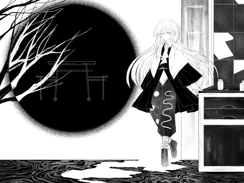 1other absurdres androgynous bandaged_leg bandages bare_tree belt capelet clause_(len'en) closed_mouth coat collared_shirt commentary_request expressionless full_body gas_wf greyscale highres len'en long_hair monochrome other_focus pants pill_bottle shirt solo torii tree